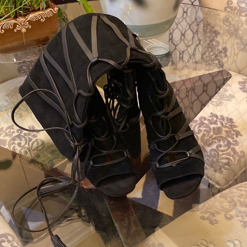 Leather open toe lace up boots. Never worn.